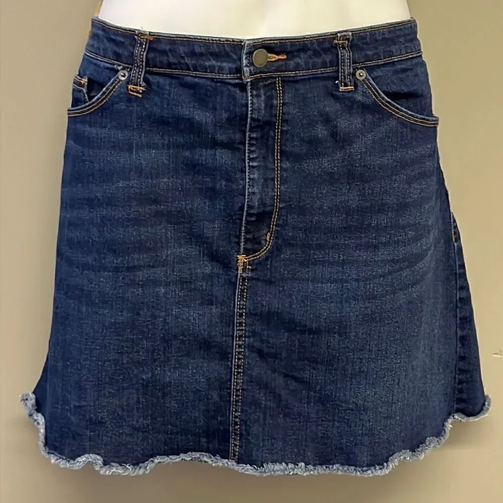 Universal Thread Dark Wash Jean Skirt with Distressed Whiskering in Front- 18/34
